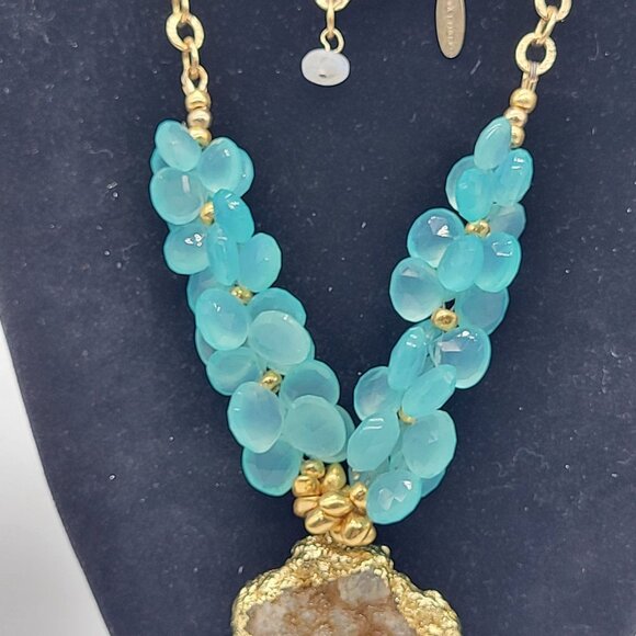 Laura J Finery Gold Plated Brass Necklace Druzy Geode Pendant Teal Gemstones - Picture 3 of 12